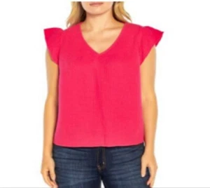 Three Dots Women's Shirt Fuchsia V-Neck Double Layer Cotton Gauze Large NEW - Picture 1 of 6