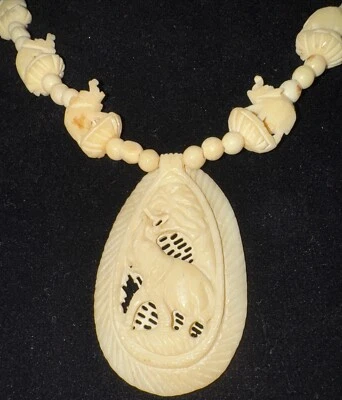 Vintage 1960’s Acrylic Bone White Elephant Necklace & Pendant 18” - Image 1 of 4
