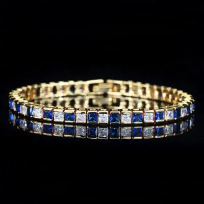 Elegante Brazalete de Eslabones Tenis Piedra Corte Princesa Diario Color Azul Dorado Circonita para Mujer Foto 1 de 4
