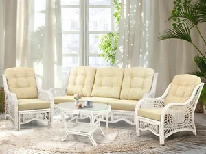 Living Malibu Set: 2 Lounge Chairs 3-Seater Sofa Coffee Table, Rattan White - Picture 1 of 6