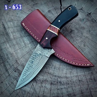 9” Handmade Damascus Hunting Tactical Fixed Blade Knife Wood & Bull Horn Handle - Image 1 of 4
