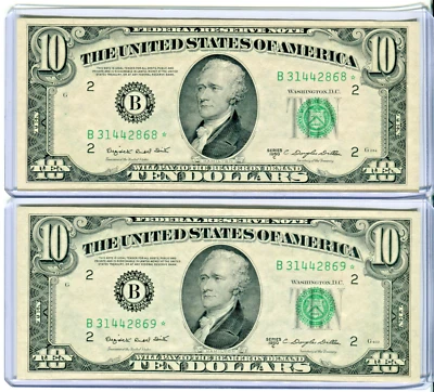 (2) Consecutive 1950-C $10 Federal Reserve **STAR** Notes New York AU+++ - Image 1 of 4