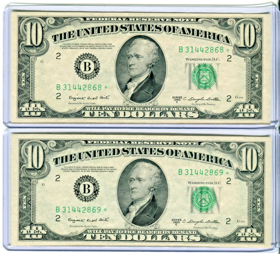 (2) Consecutive 1950-C $10 Federal Reserve **STAR** Notes New York AU+++ - Image 1 of 4