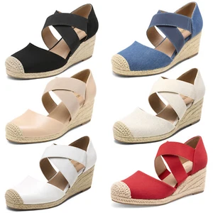 Women Wedge Sandals Platform Espadrilles Elastic Strap Close Toe Dress Shoes - Picture 1 of 37