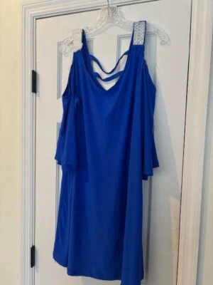 NWT Midnight Velvet Womens Blue RHINESTONE STRAPS Cold Shoulder Dress 1X PLUS BL - Image 1 of 4