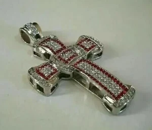 3 Ct Round Cut Simulated Red Ruby Men's Cross Pendant 14k White Gold Plated - Picture 1 of 7