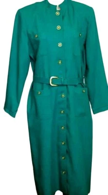 Vestido Camisa Vintage Años 80 Verde Botón Delantero Manga Larga 2X Victoria Morgan Foto 1 de 4