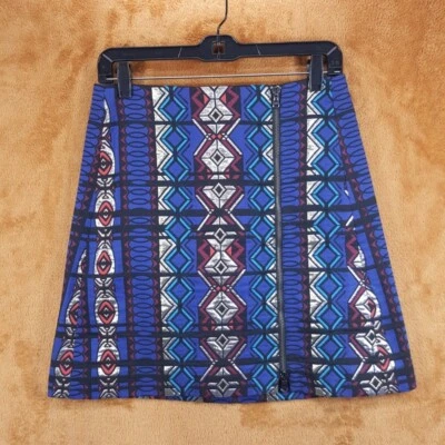 Falda J CREW para mujer talla 4 azul línea A cremallera frontal geométrica azteca preppy Foto 1 de 4