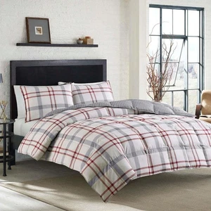 Eddie Bauer Portage Bay 3-Piece Beige Plaid Cotton King Duvet Cover Set - Picture 1 of 3