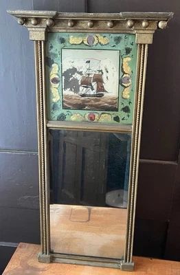 Antiguo Espejo Federal Pintado Reverso USS Constitution c.1830 Marco Dorado Foto 1 de 4