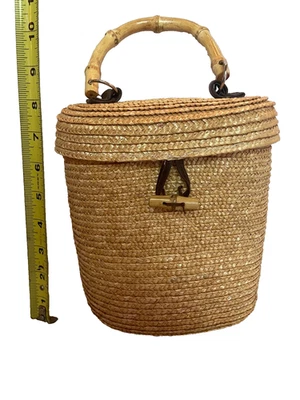 Victoria's Secret мини ведро в форме сумочки натуральный сплетенный соломы бамбука ручки - Изображение 1 из 4