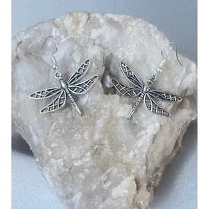 Antique Silver Dragonfly Dangle Earrings Insect Naturecore Fairy -New - Picture 1 of 13