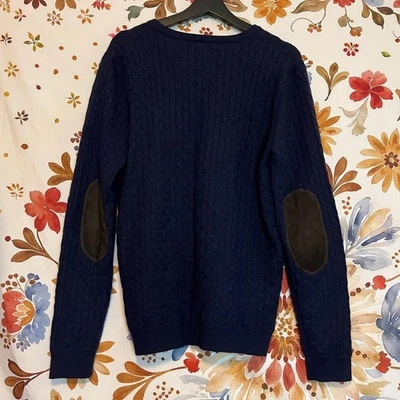 Rag & Bone Mens M Dark Blue Cable Knit 100% Wool Fall Winter Elbow Patch Sweater - Image 1 of 4
