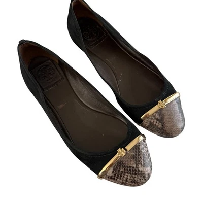 Tory Burch Pacey Driver Ballet Pisos Negro Gamuza y Piel de Serpiente Talla 7 Foto 1 de 4