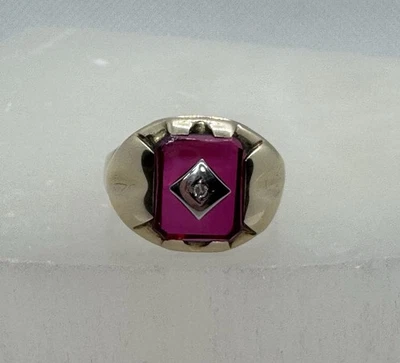 10K Solid Gold Men’s Lab Created Ruby & Diamond Accent Ring Sz 10.75 5.8g - Image 1 of 4