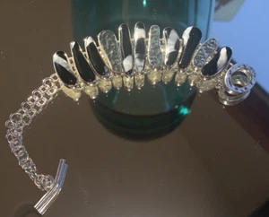 Sterling Silver Bracelet With Long Black & Opalescent White Druzy Agate Stones - Picture 1 of 10