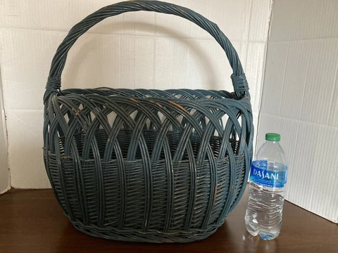 Basket- Large 15.5” Half Moon Blue Wicker Woven with Handle vintage Cover
