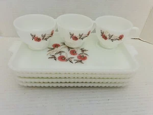 VTG Set Of 4 AH Fire King Milk Glass Snack Trays & 3 Cups Pink Fleurette - Picture 1 of 15