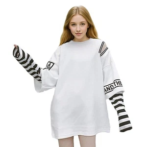 Cold Shoulder Striped Long Sleeve Top Harajuku Oversized Fake Two-Piece T-Shirt - Picture 1 of 8
