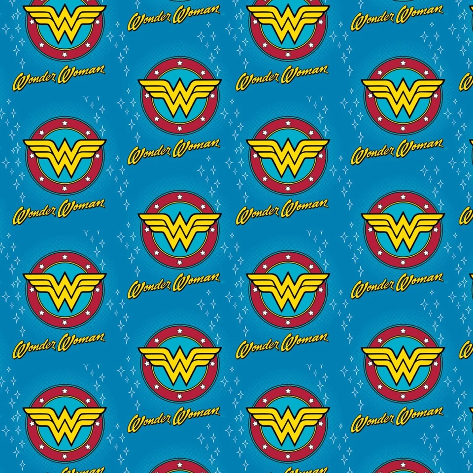 Tela de edredón con logotipos azules de franela WONDER WOMAN vendida por telas de camelote de 1/2 yarda Foto 1 de 1