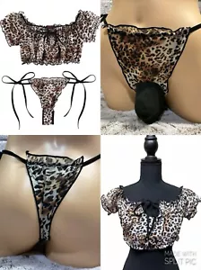 Large Trans Women Men Sexy Sheer Leopard Thong Lingerie Set Pouch Panties Sissy - Picture 1 of 8