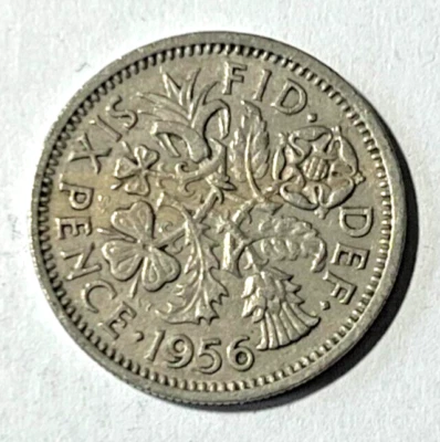 1956 UK Great Britain 6 pence Lucky Coin Tudor Rose Shamrock Thistle Leek Floral - Image 1 of 2