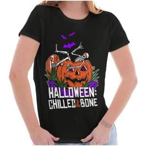 Funny Halloween Skeleton Chilled To The Bone Womens Top Junior Graphic Tee - Picture 1 of 7