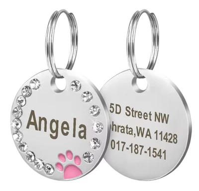 Personalised Pet ID Engraved Dog Cat Name Tags Customised Bling Rhinestone Pink - Image 1 of 4