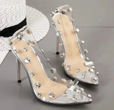 Tacones de aguja con adornos de diamantes de imitación transparentes para damas talla 7 (38) para mujer Foto 1 de 4