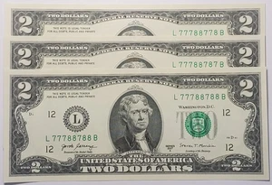 (3) 2017 A $2 GEM UNC very fancy 2 digit serial# L77788788B, 77788787, 77788778 - Picture 1 of 1
