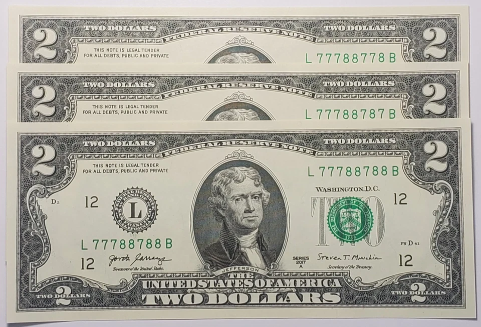 (3) 2017 A $2 GEM UNC very fancy 2 digit serial# L77788788B, 77788787, 77788778 - Image 1 of 1