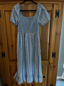 NEW J. Crew Factory Women's Sz S Blue Block Print Tiered Midi Dress Puff Sleeves - Picture 1 of 2