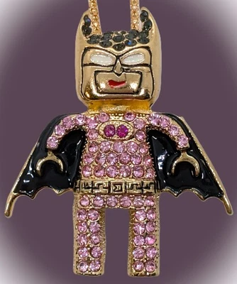 Sparkly!  Betsey Johnson Pink Crystal Lego Looking Batman Pendant Brooch & Chain - Image 1 of 4