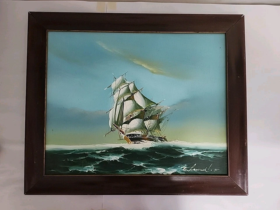 E. Leonard Jr. Lienzo enmarcado pintura original firmado velero naval Foto 1 de 4