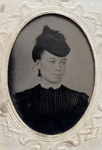 Pretty Young Woman Dark Dress & Hat with Pink Cheeks Tintypes 2 Antique Photos - Picture 1 of 19