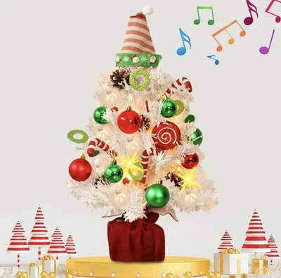 Mini Tabletop White Flocked Christmas Tree Indoor Outdoor Lights Music Ornaments - Image 1 of 4