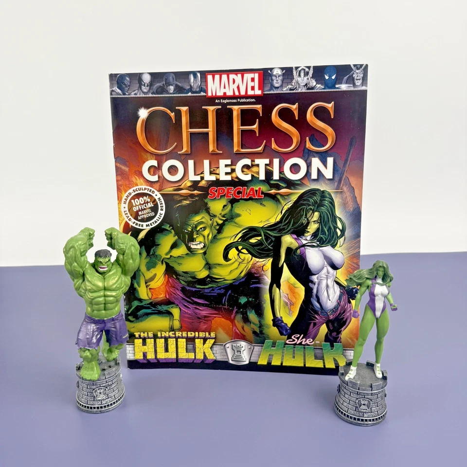 Marvel Eaglemoss Hulk & She-Hulk Rook Chess Pieces Figurines w/ Magazine - Image 1 of 4