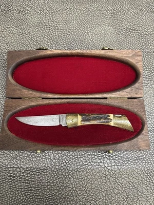 CUCHILLO MARRÓN HECHO EN ALEMANIA 1980 DAMASCO BLOQUEO TRASERO SERIE #200 CON CAJA FSH Foto 1 de 4