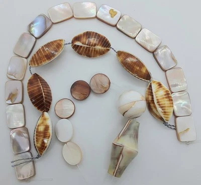 29 PCS ASSORTED MOTHER OF PEARL COCKLE PINK SHELL BEADS VARIOUS SHAPES & SIZES - Image 1 of 4