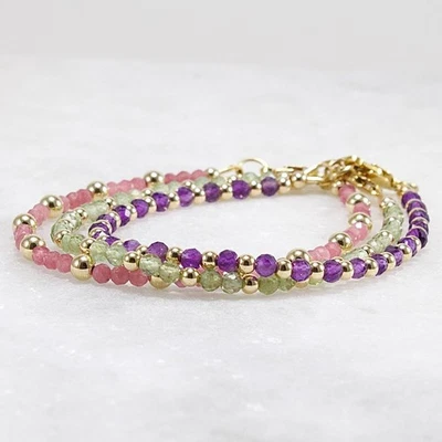 Amethyst Pink Tourmaline Green Apatite Bracelet Trio · 14k Gold Filled Jewelry G - Image 1 of 4