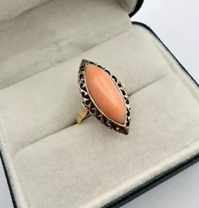Vintage viktorianischer 14k massiver Gelbgold Engelshautkoralle Marquise Ring - Bild 1 von 11