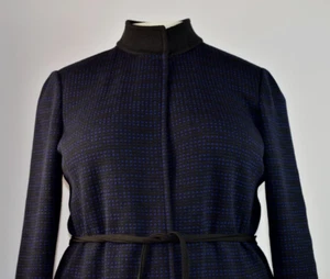 St. John Sz 16 Knit Indigo Black Open Tie High Collar Jacket Blazer Stretch USA - Picture 1 of 14