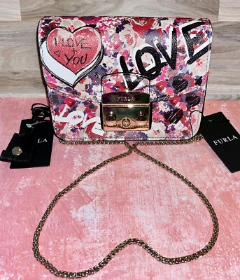 NUEVO CON ETIQUETAS FURLA Bolso Bandolera Blanco Multi Graffiti Cuero Mini Metropolis Love Heart Foto 1 de 4
