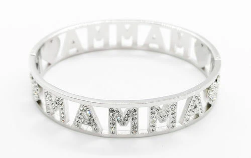 Pulsera rígida de acero inoxidable para mujer con cristales blancos e inscripción MAMMA Foto 1 de 1