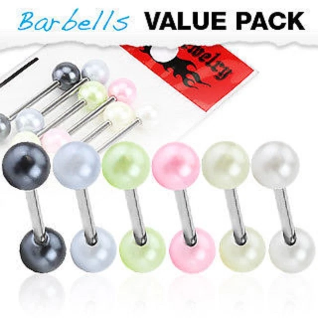 6 Pcs of Assorted Color 14G 316L Surgical Steel Faux Pearl Tongue Barbells Rings Foto 1 de 1
