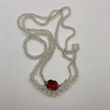 Antique Vintage Opalite Opalescent Glass Bead Necklace Sterling Clasp Red Stone