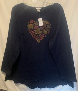 CJ Banks 3X Navy w/Leaf Heart Knit Top, round neck, long sleeves - NWT - Picture 1 of 3