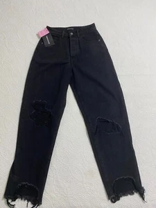 Pretty Little Thing Jeans Womens HiRise Black UK 8 Boyfriend Distressed NWT#2410 - Picture 1 of 11