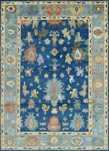 Oushak Anatolia 9' x 12' Blue Wool Hand-Knotted Oriental Rug