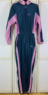 PUMA Women's L Jumpsuit Nylon Gray Pink Parachute Vintage RARE 80's Hole in pkt - image 1 of 4